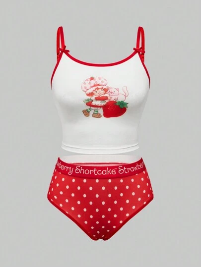 Strawberry Shortcake | ROMWE Conjunto de sostén y calzón con estampado de fresa de dibujos animados para mujeres, ropa de Navidad