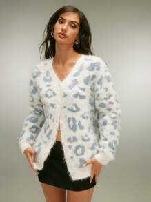 SHEIN Unity Women's V-Neck All-Over Print Button-Up Long Sleeve Cardigan - White - View 5