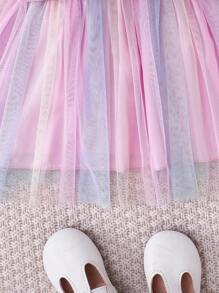 SHEIN Glamorique Kids Young Girl Fashion Casual Unicorn Print Mesh Contrast Long Sleeve Dress, Autumn - Baby Pink - View 4