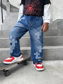Quần Jeans Denim Xanh Mid-Wash Thêu Nhiều Đường Chỉ May Thời Trang Cho Bé Trai (Nhỏ) - Rửa trung bình - Xem 1