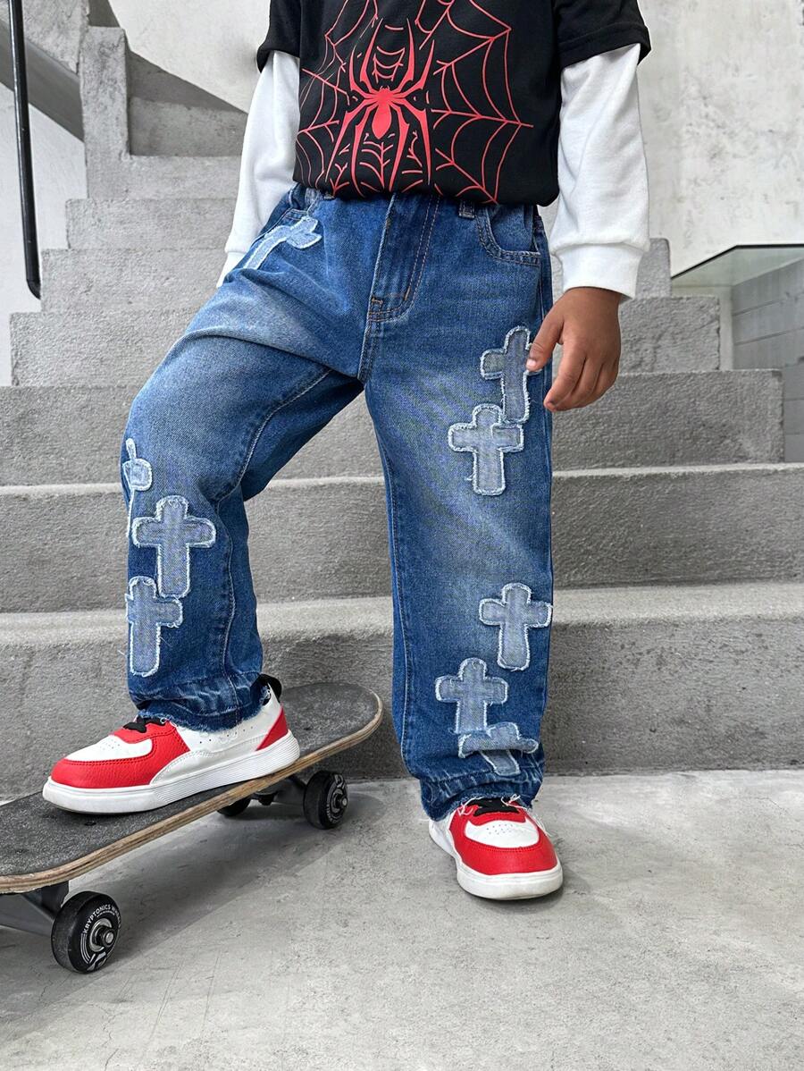 Quần Jeans Denim Xanh Mid-Wash Thêu Nhiều Đường Chỉ May Thời Trang Cho Bé Trai (Nhỏ) - Rửa trung bình - Xem 1
