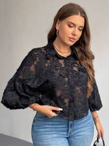 SHEIN Privé Áo sơ mi họa tiết cắt khoét cỡ lớn cho nữ, hàng mới về cho mùa thu trở lại trường - màu đen - Xem 7