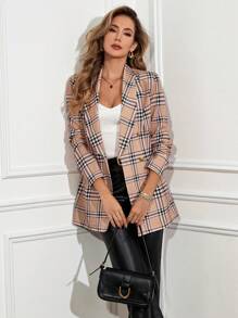 SHEIN Clasi 女式双排扣格子西装外套，秋季带口袋 - 卡其色 - 查看 6