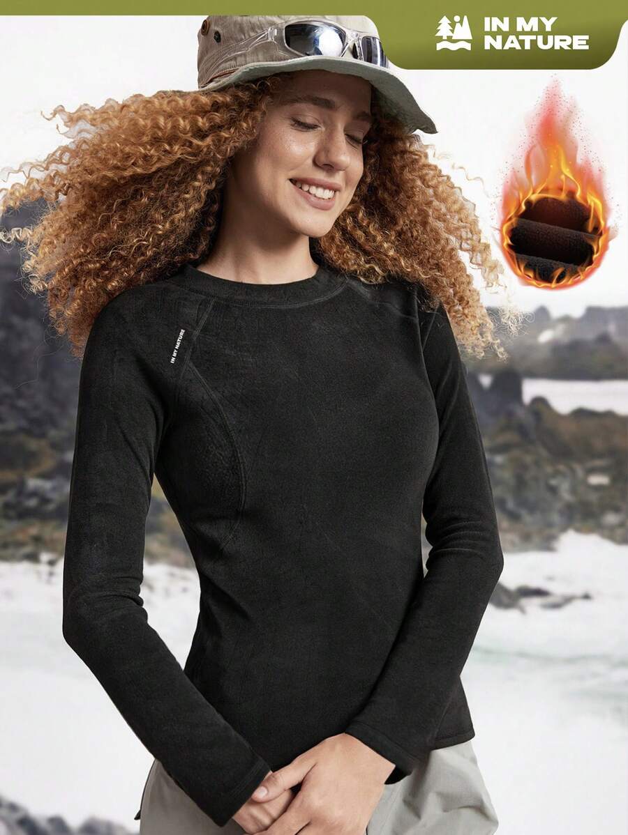 In My Nature Women's Casual Fleece Outdoor Long Sleeve T-Shirt, Fall/Winter Plain T Shirt Winter Women Tops Fitted Shirt