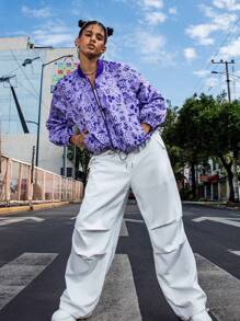 LOURDES VILLAGOMEZ Chaqueta de béisbol con impresión de números, de manga larga, suelta y con pliegues, de estilo informal para mujer artista, ideal para primavera, otoño, vacaciones y salidas