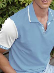 Manfinity Homme 男士休闲商务撞色短袖Polo衫，夏季，男士蓝白夏季款，蓝白夏季Polo衫 - 霧霾藍 - 查看 6