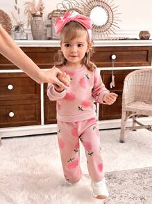 SHEIN 2pcs Baby Girls' Floral Print Pink Top And Pants Set, Fall/Winter - Pink - View 4