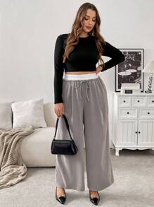 SHEIN Frenchy Plus Size Women Loose Contrast Color Belted Wide Leg Casual Pants - Khaki - View 3