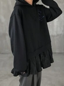 FRIFUL 女款荷葉邊拼接字母印花連帽寬鬆加厚保暖內裡運動衫，秋季女裝連帽衫 - 黑色 - 查看 8