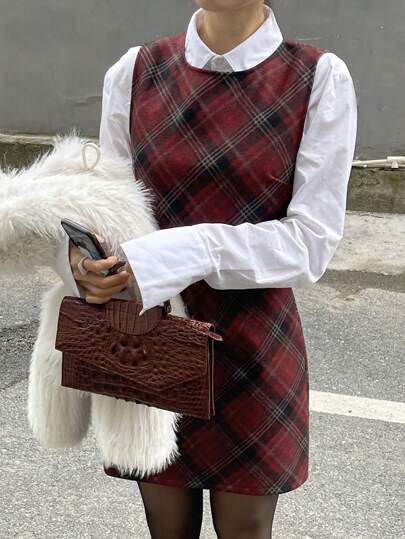 DAZY 女士格子圆领无袖套头连衣裙，校园风格，适合圣诞节、农历新年、春季、夏季、秋季