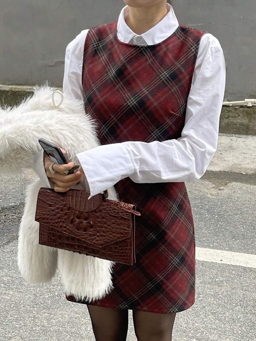 DAZY 女士格子圆领无袖套头连衣裙，校园风格，适合圣诞节、农历新年、春季、夏季、秋季