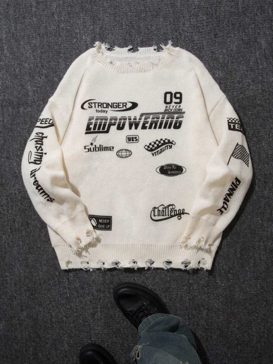 SHEIN White Crew Neck Sweater For Teen Boys With English Text Racing Car Badge Graphic, Suitable For Autumn, Winter, Warm, Casual, College, Home, Daily, Sports, Birthday Party, Outing, All-Match Versatile, Simple, Streetwear Style