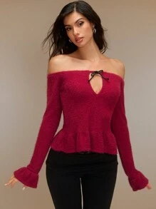 SHEIN Unity Bluză la modă pentru femei, cu mâneci lungi, cu umăr dezactivat, cu mânecă lungă, cu volană, primăvară/toamnă, ținute de Crăciun, top peplum, topuri roșii pentru femei, pulover cu umăr dezactivat