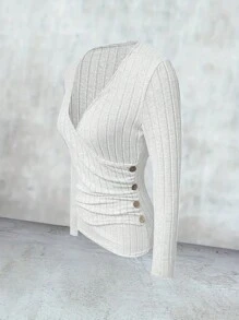 INAWLY Women's Solid V-Neck Long Sleeve Ribbed Button Design Fitted T-Shirt, Spring & Autumn Fall Cloth For Women - White - View 3