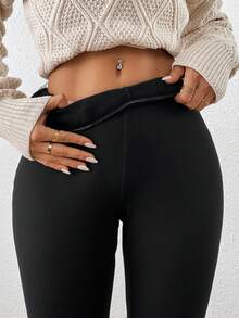 SHEIN Privé 女士黑色高腰修身长款保暖内衬紧身裤 - 黑色 - 查看 3