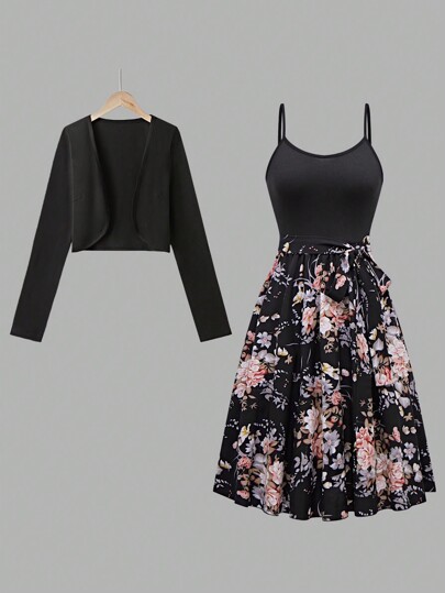 Breezaya 2pcs Women Floral Print Belted Slip Dress & Solid Color Long Sleeve Cardigan Elegant Set Fall Cloth For Women