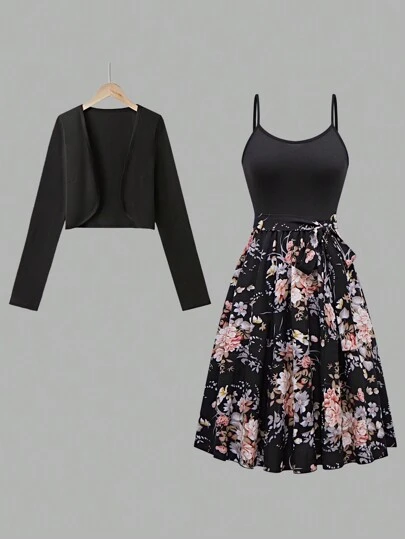 Breezaya 2 件女式花卉印花系带吊带裙和纯色长袖开衫优雅套装