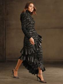 Anewsta 女士优雅高领蕾丝不对称荷叶边下摆长袖连衣裙 - 黑色 - 查看 3