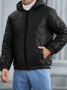 Manfinity Homme Men's Zipper Pocket Drawstring Hooded Padded Coat - Black - View 4