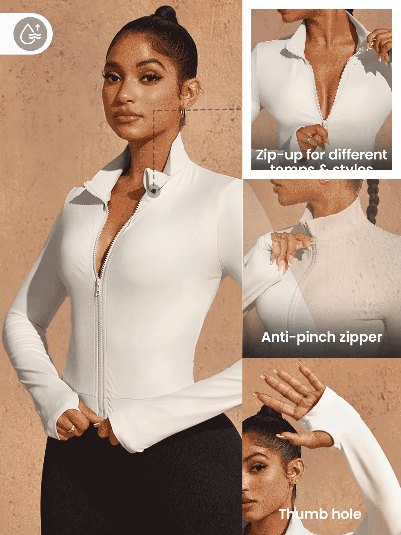 SHEIN Sports 女式纯色前拉链修身运动夹克，适合春夏季 - 杏色 - 查看 3