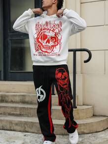 Manfinity EMRG Conjunto de Moletom e Calça de Moletom Casual Masculino com Estampa de Slogan e Caveira em Estilo Esportivo