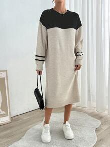 EURMUSE Autumn-Winter Casual Color Block Striped Knit Sweater Dress