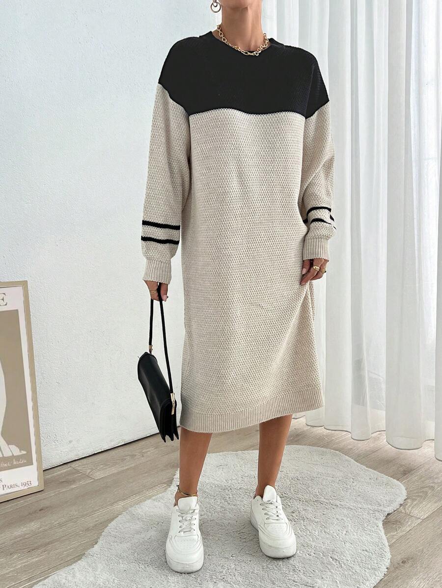 EURMUSE Autumn-Winter Casual Color Block Striped Knit Sweater Dress