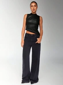 SHEIN BAE Top de tirantes de moda con cuello alto y plisado de piel sintética para mujer, ideal para verano