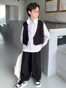 Bộ 2 áo sơ mi sọc và quần cạp chun phong cách Hàn Quốc thoải mái cho bé trai tuổi teen, phù hợp cho mùa xuân và mùa thu, vui chơi ngoài trời, đi học, dạo phố, tiệc tùng và thư giãn, hiệu suất cao - Nhiều màu - Xem 6