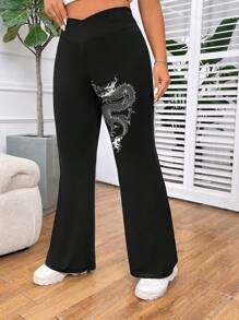 SHEIN EZwear 加大码女式高腰龙印花阔腿宽腿裤，适合春夏秋冬