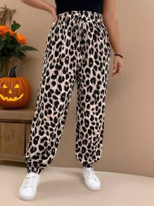 SHEIN LUNE Plus Size Fall Women Vintage Leopard Print Elastic Waistband Pants With Ruffled Cuffs For Casual, Holiday Halloween Clothes Leopard Pants Airport Women Outfits