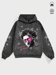 Manfinity EMRG Men's Oversized Street-Style Vintage High Street Black And White Hip-Hop Portrait Pink Graffiti Ink Dot Star Black Snow-Washed Hooded Sweatshirt. - Black - View 1