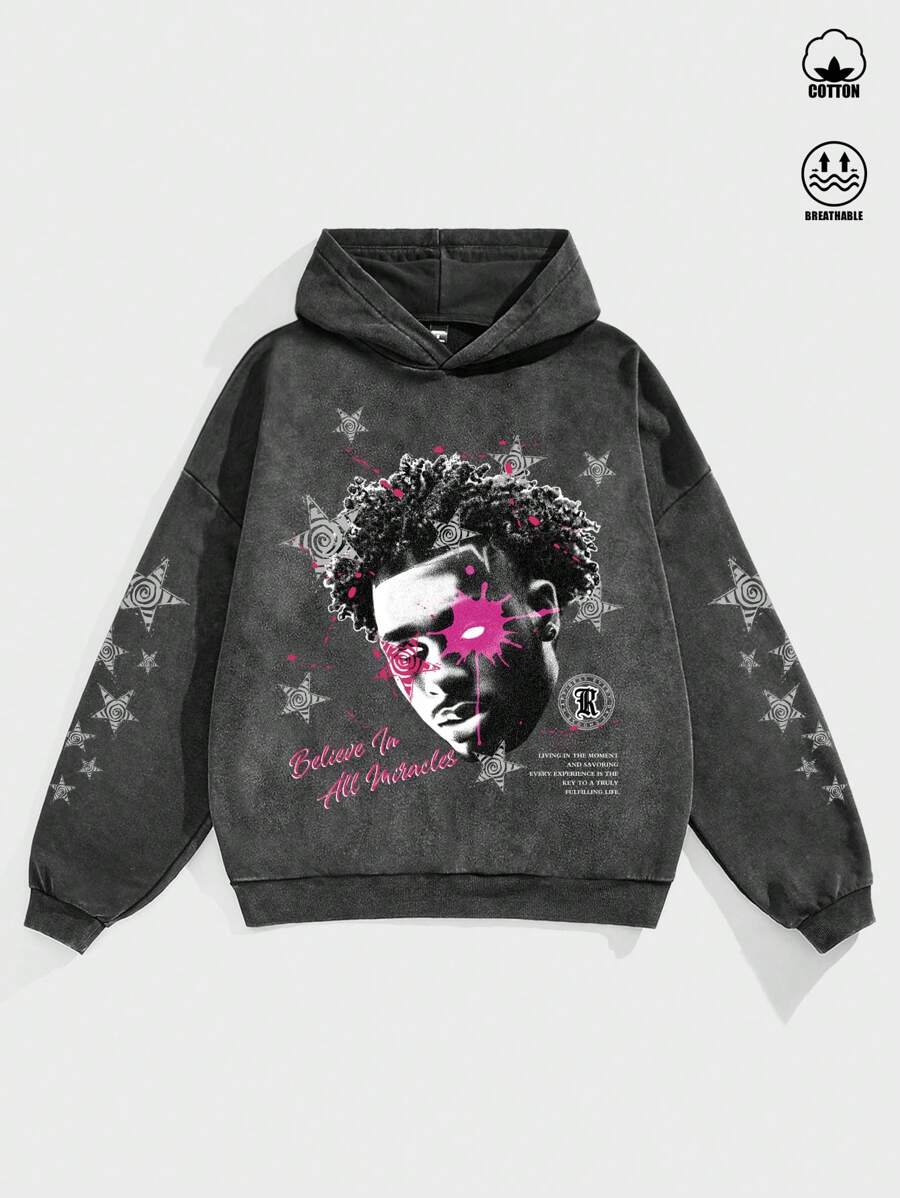 Manfinity EMRG Men's Oversized Street-Style Vintage High Street Black And White Hip-Hop Portrait Pink Graffiti Ink Dot Star Black Snow-Washed Hooded Sweatshirt. - Black - View 1