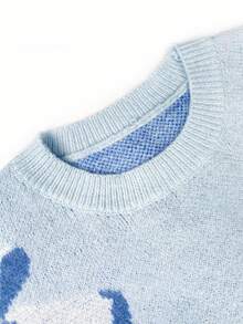 Áo len nữ dáng suông cổ tròn vai rớt họa tiết bướm, tay dài, màu xanh dương, thích hợp cho mùa thu/đông. - Màu xanh lam - Xem 7