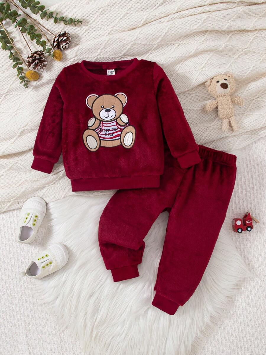 SHEIN Playful Pals Round-Neck Adorable Baby Plush Baby Boy Outfit - Red - View 1