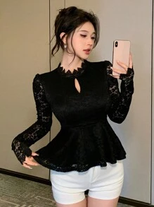 DAZY Women Lace Ruffle Trim Long Sleeve Top Going Out Tops,Fall Clothes Turtleneck Women - Black - View 1