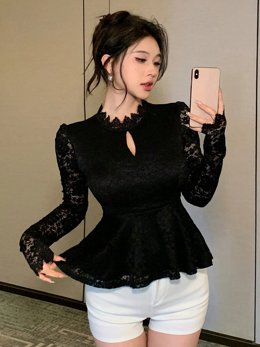 DAZY Women Lace Ruffle Trim Long Sleeve Top Going Out Tops,Fall Clothes Turtleneck Women - Black - View 1