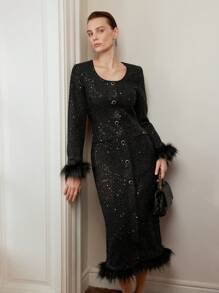 MOTF PREMIUM Vestido de solapa abotonada con un solo abrochado con volantes esponjosos de tweed - Negro - Ver 4