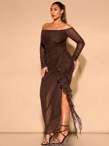 SHEIN BAE Vestido largo y ajustado elegante para fiesta con hombros descubiertos, volantes y pliegues en la Bottom, de estilo romántico y fluido, para mujer de talla grande en color verde - Café integral - Ver 5