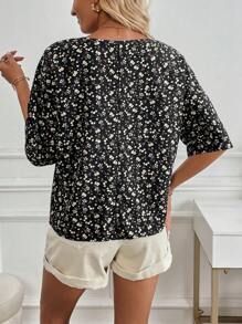 SHEIN LUNE 女士 V 领短袖全印花衬衫，休闲日常穿着 - 黑色 - 查看 2