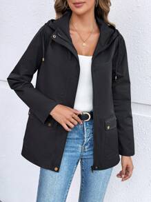 EMERY ROSE Women's Casual Zip-Up Drawstring Hooded Trench Coat - Black - View 1