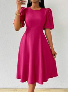 Lyxana Vestido para mujer con mangas abullonadas y cintura entallada para primavera y verano