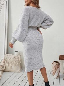 EMERY ROSE 不对称领口长袖简约腰部修身毛衣裙，休闲日常穿着 - 灰色 - 查看 2
