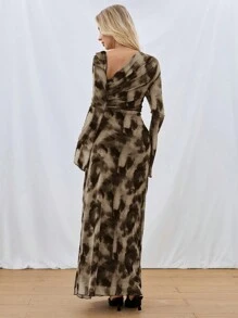 Siren Gaze 2024 Spring & Fall New Tie Dye Mesh Long Sleeve Flowing Hem Asymmetrical Neck Dress For Women Winter Casual - Multicolor - View 2