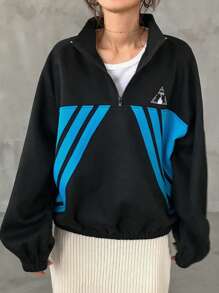 FRIFUL Women's Colorblock Oversized Fleece Sweatshirt With Letter Print Jacket Fall,Winter - Black - View 4