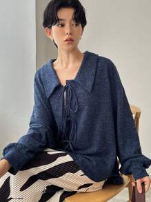 FRIFUL 女士纯色翻领前系带落肩长袖休闲衬衫 - 藏蓝色 - 查看 8