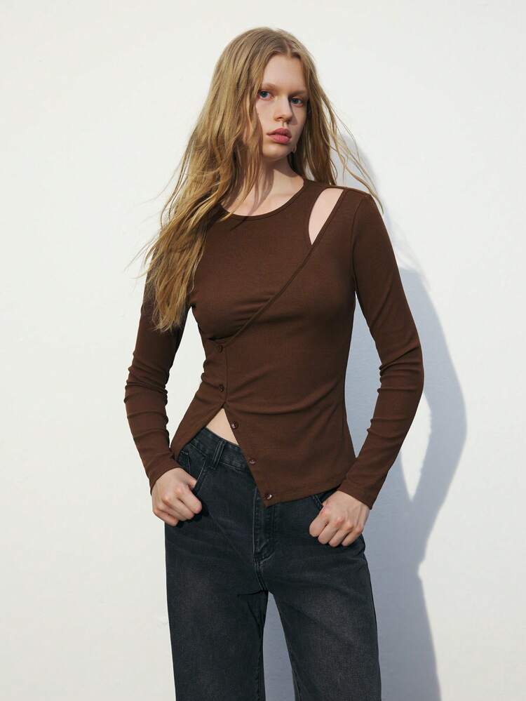 SHEIN Maija Maglietta casual a maniche lunghe color marrone scuro con design a pulsanti laterali, adatta per l'autunno