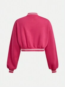 SHEIN Teen Girl Knit Print Color Block Ribbed Fleece Cropped Bomber Jacket - Hot Pink - View 2
