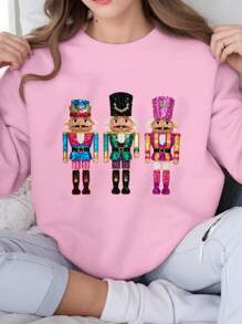 Flirla Plus Size Warm Christmas Comfortable Crew Neck Sweatshirt With Holiday Prints-Long Sleeved Women's Winter Wear-Casual In Cold Weather , Graduation, Teachers For Women, Back To School Pullover Fall - Pink - View 5