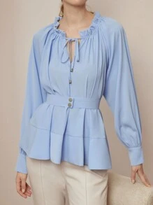 MOTF PREMIUM FRILL TIE NECK LANTERN SLEEVE FOLD PLEATED PEPLUM TOP - Blue - View 7